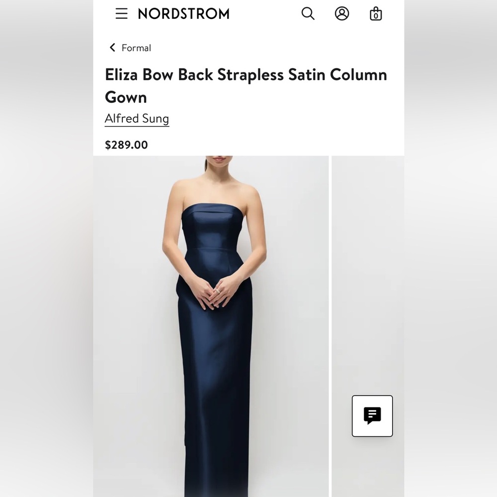 ALFRED SUNG Navy Strapless Satin Column Gown with Bow-Back Detail